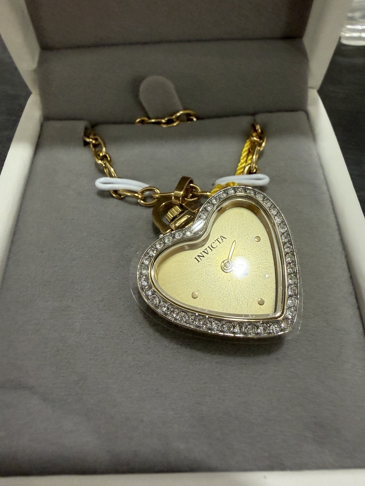 Invicta Angel Women’s Quartz Analog Watch Heart Necklace Gold Dial Box