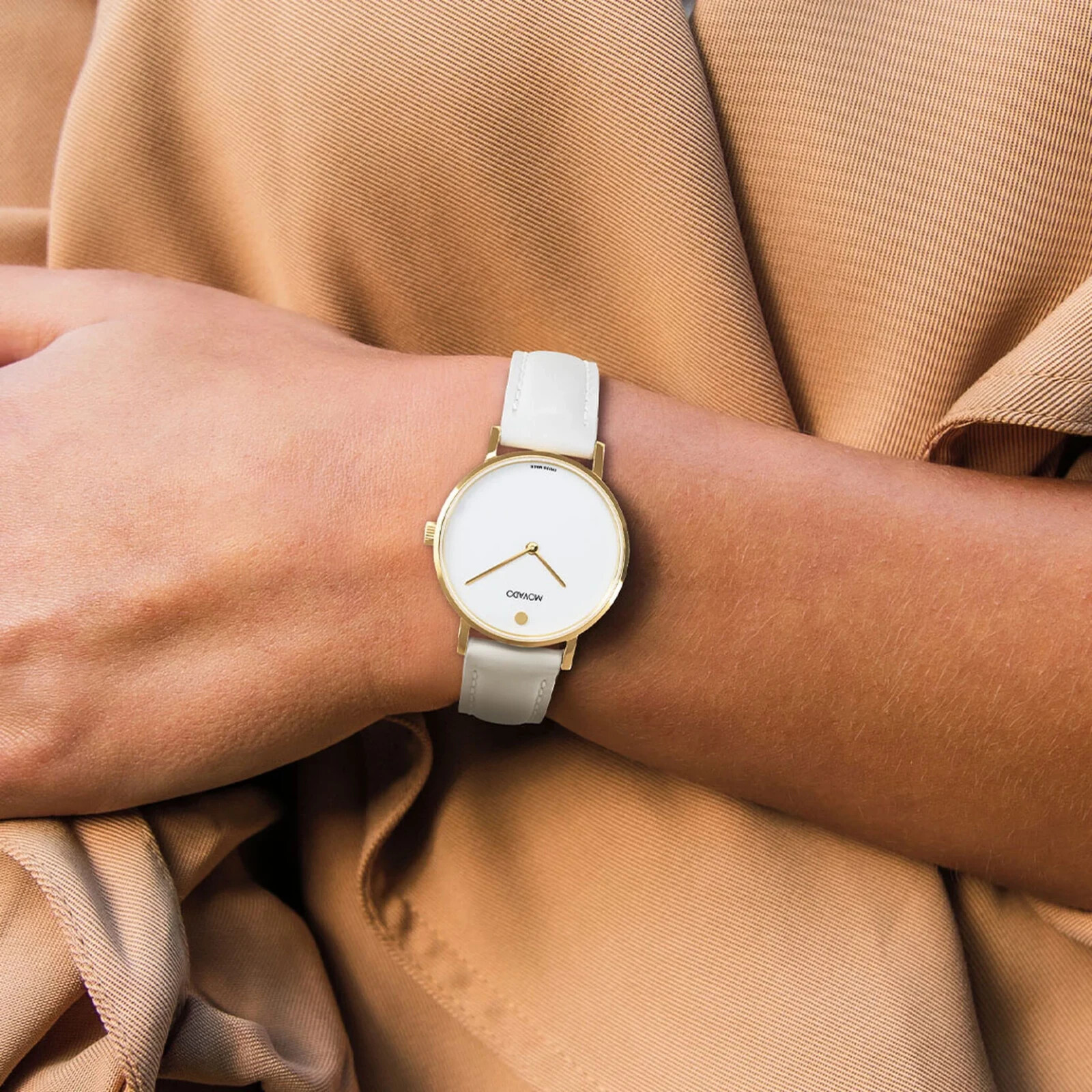 Movado Signature Women’s White Dial White Leather Strap GOLD Swiss 32mm Watch