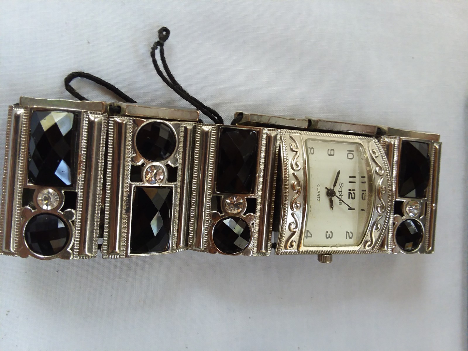 2 Ladies Sophie Quartz Watch Silver Case & Silver & Black Stretch Bracelet As Is