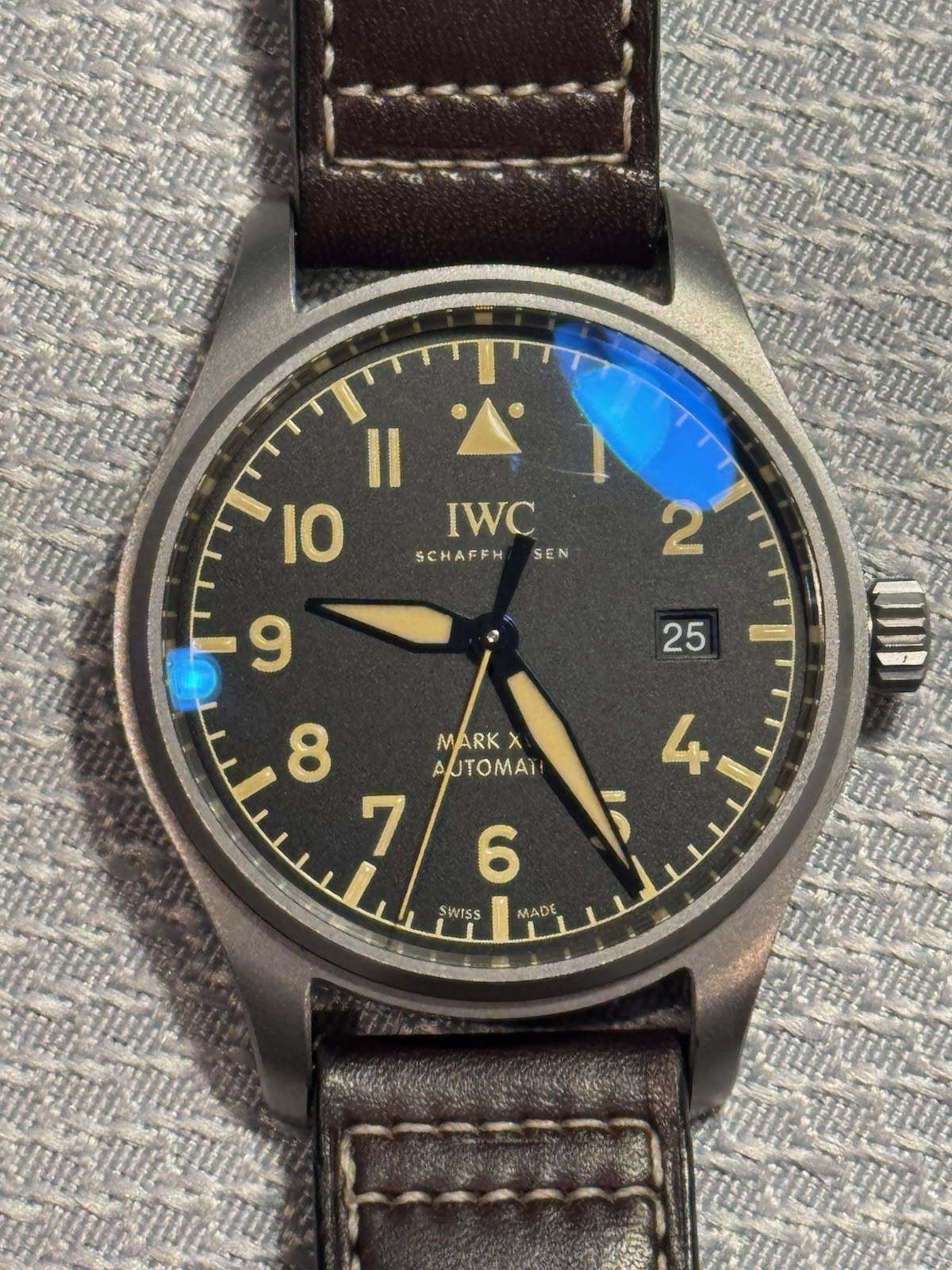 IWC Pilot’s Watch Mark XVIII Titanium Black Dial Date Brown Leather Strap