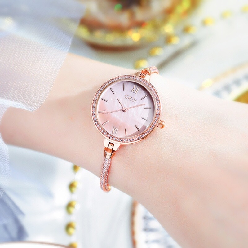 18K Rose Gold Filled Crystal Round Face Adjustable Slide Bracelet Quartz Watch