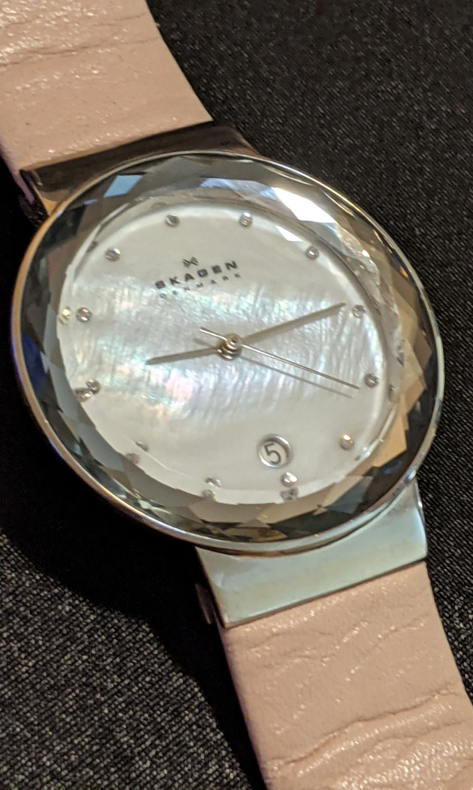 SKAGEN Women’s Quartz Watch SKW2165 MOP Crystal Bezel Blush Pink Leather Band