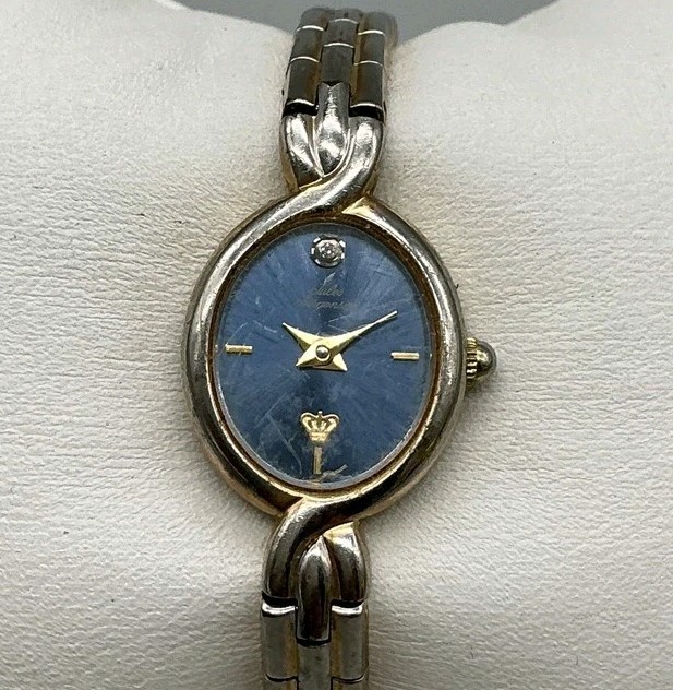 Vintage Jules Jurgensen Womens Watch 17mm Blue Dial Two Tone New Battery 6.5″
