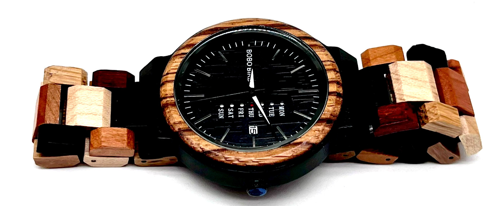 BOBO BIRD Handmade Wooden Watch Black Dial Day Date Display