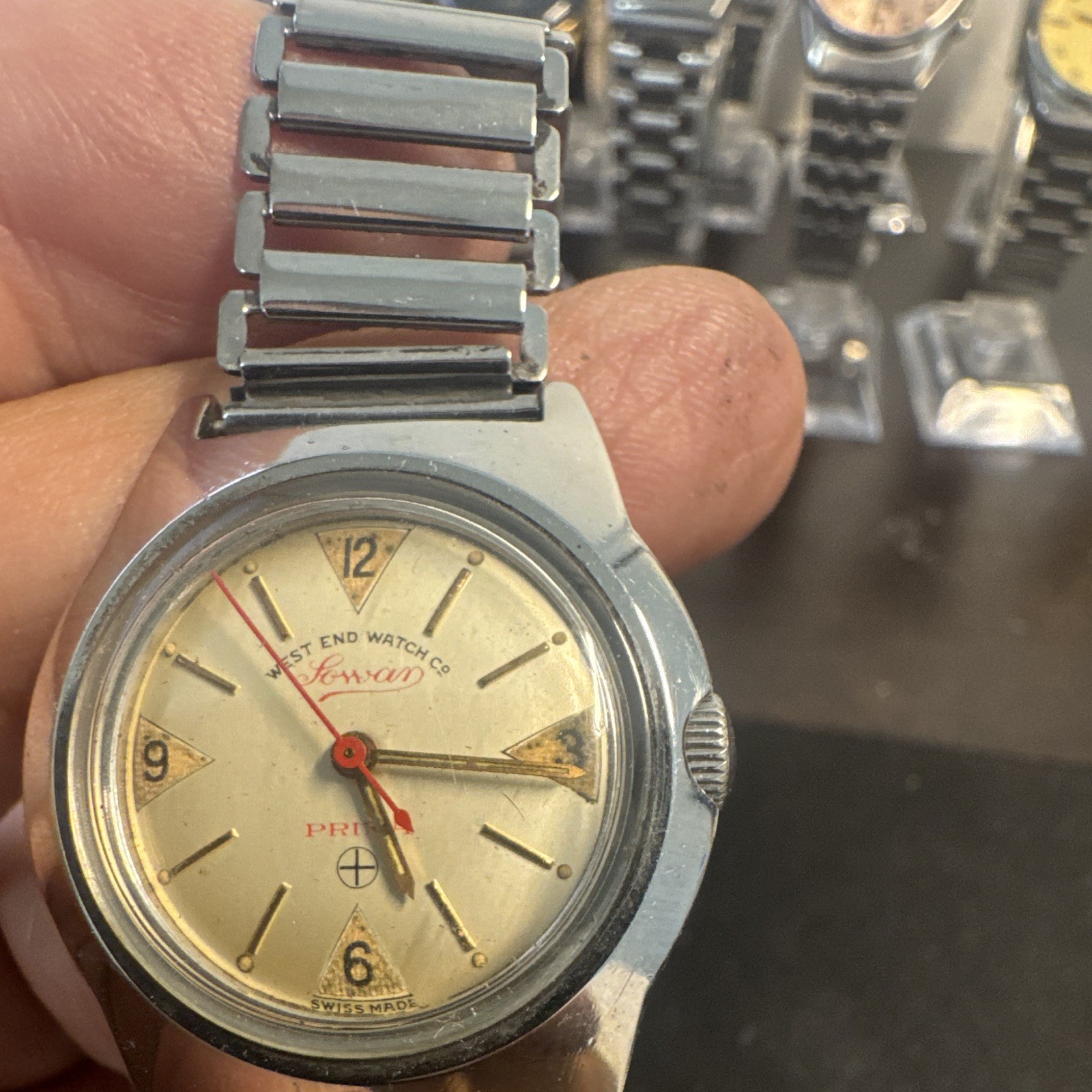 West End Watch Co. Sowar Prima Manual 17J Wristwatch Cream Dial Steel Band