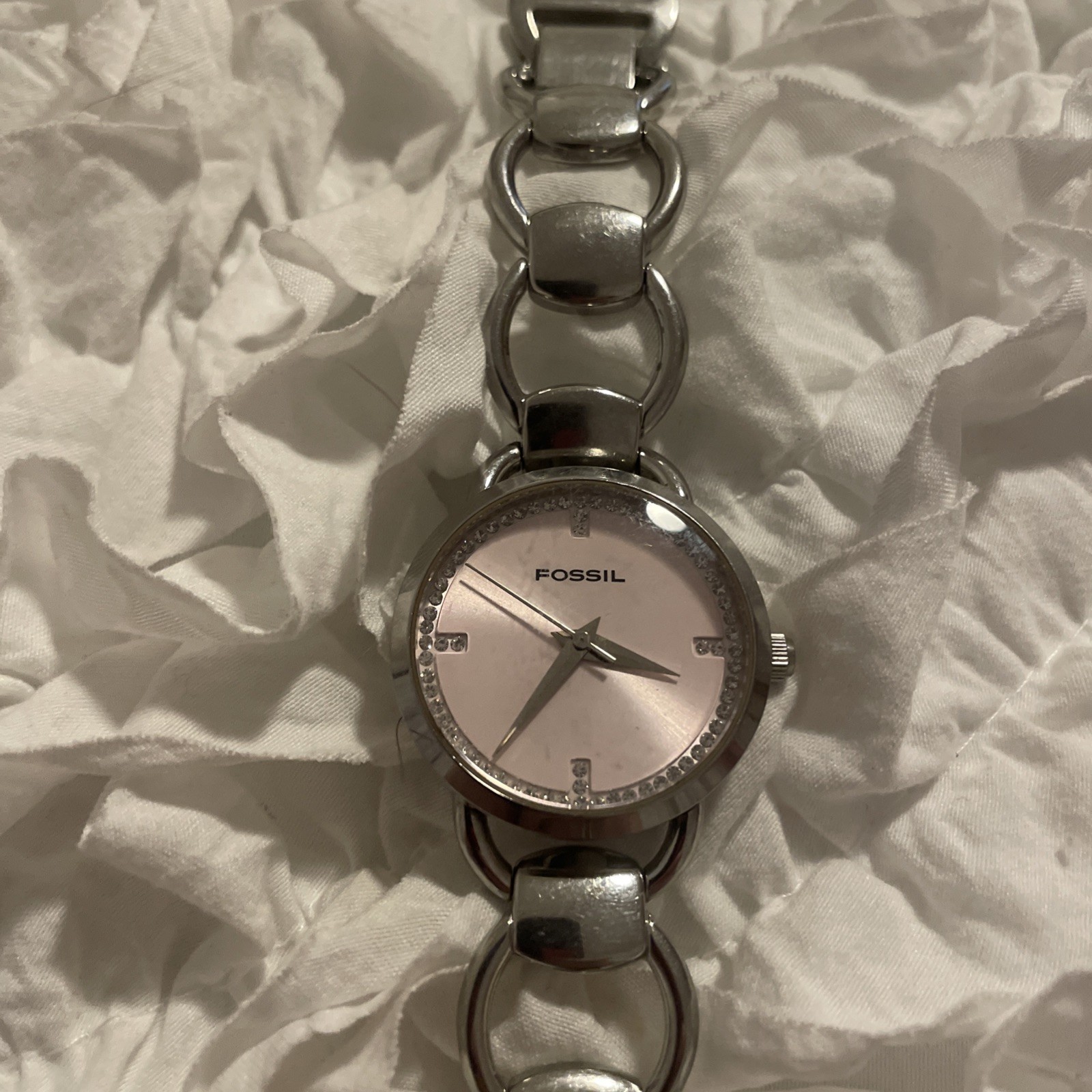 Fossil F2 Women Watch 30mm Round Pink Dial Silver Tone Link Working