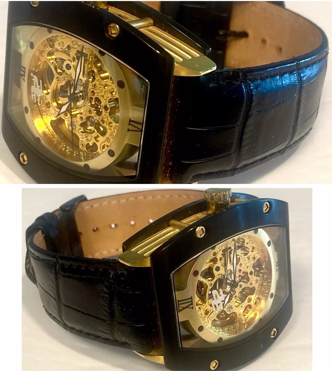 Auto W44mm Black Tonneau | Floating Goldtone Skeleton Dial 32 DEGREES Mens Watch