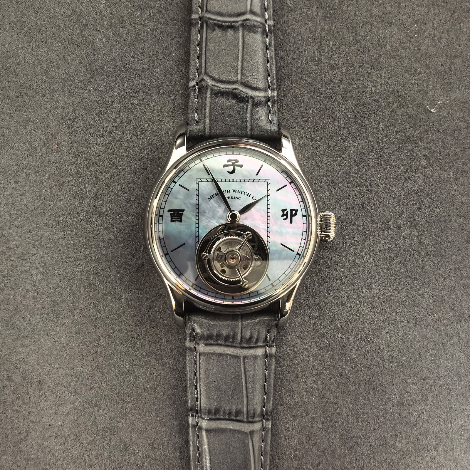 Merkur Men Tourbillon Watch 42mm Mechanical Wristwatch Sapphie Mirror MOP Dial