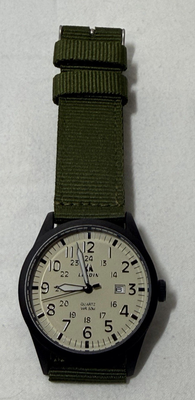 Lenqin Quartz Field Watch 50M WR Black Case Olive Green Strap Quartz 5ATM SS
