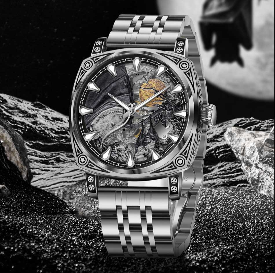 GLENAW Men’s Luxury Mechanical Watch with Skull Art Relief Dial Fashion Casual