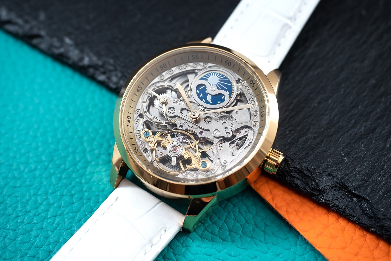 Mens Gold Silver Dual Time Skeleton Automatic Mechanical Watch White Strap