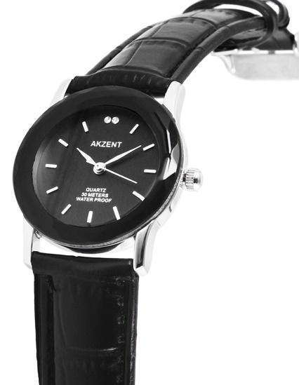 Ladies Watch Black Crystal Trim Faux Leather Strap 3 ATM by AKZENT