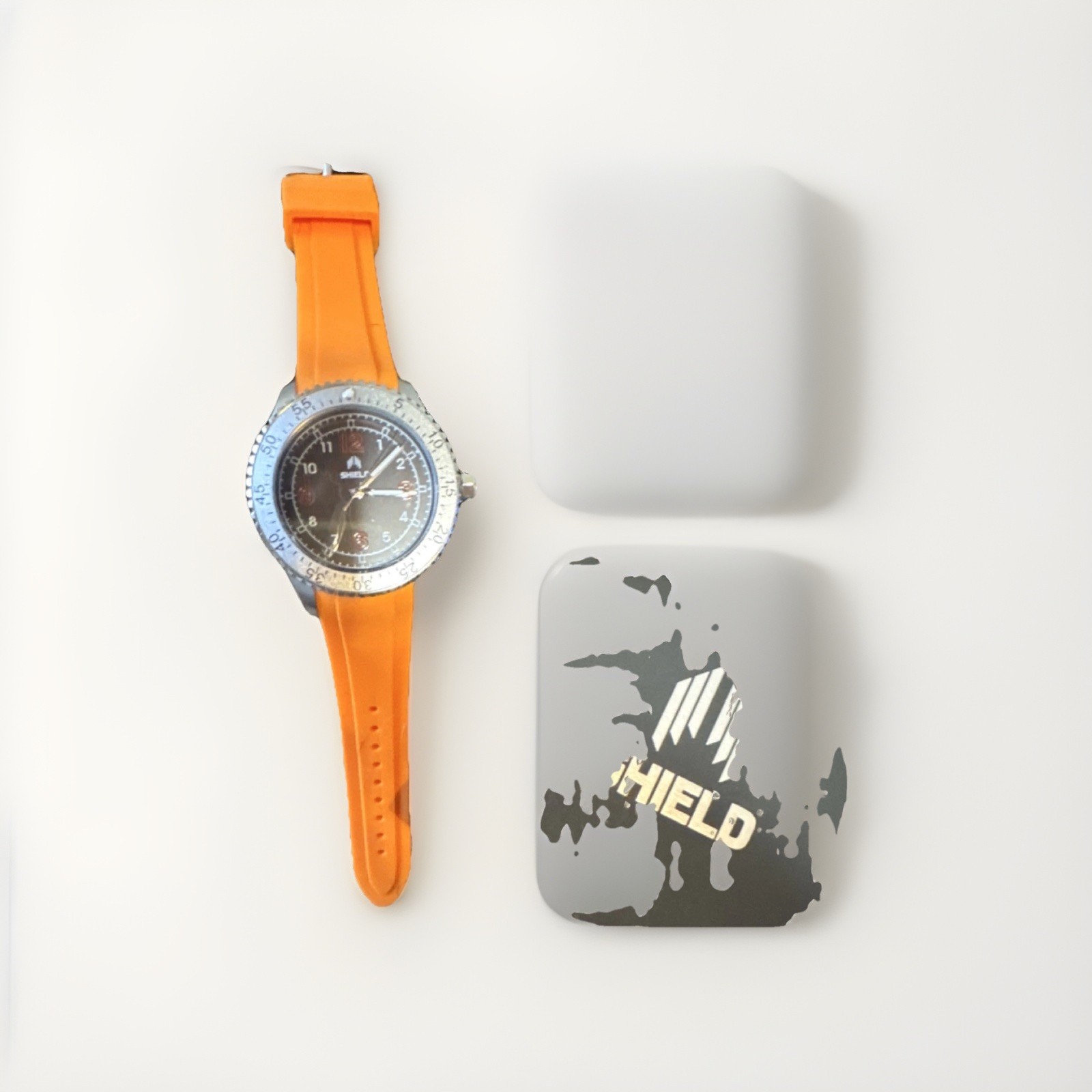 Shield Men’s Analog Wristwatch Orange Rubber Band Black Dial with Box