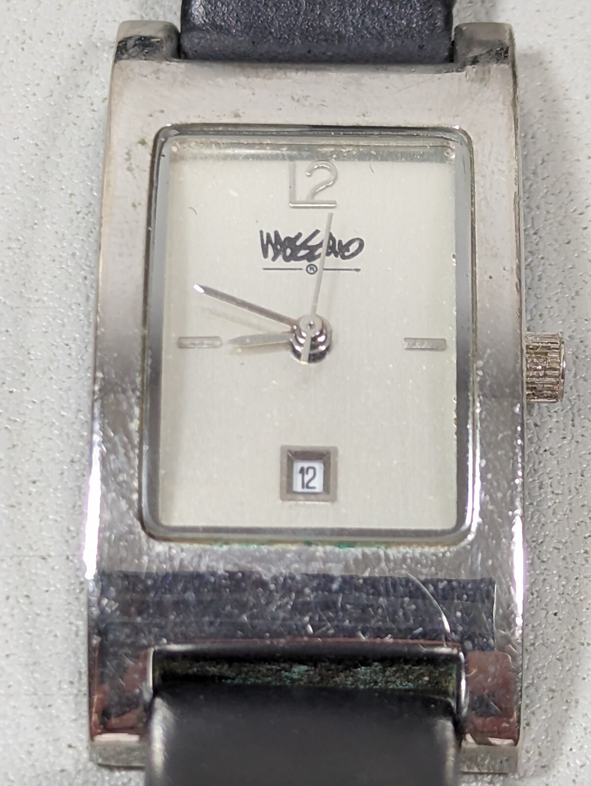 Mossimo Silver Tone Dial Date Indicator Rectangle Case Black Leather Band Watch