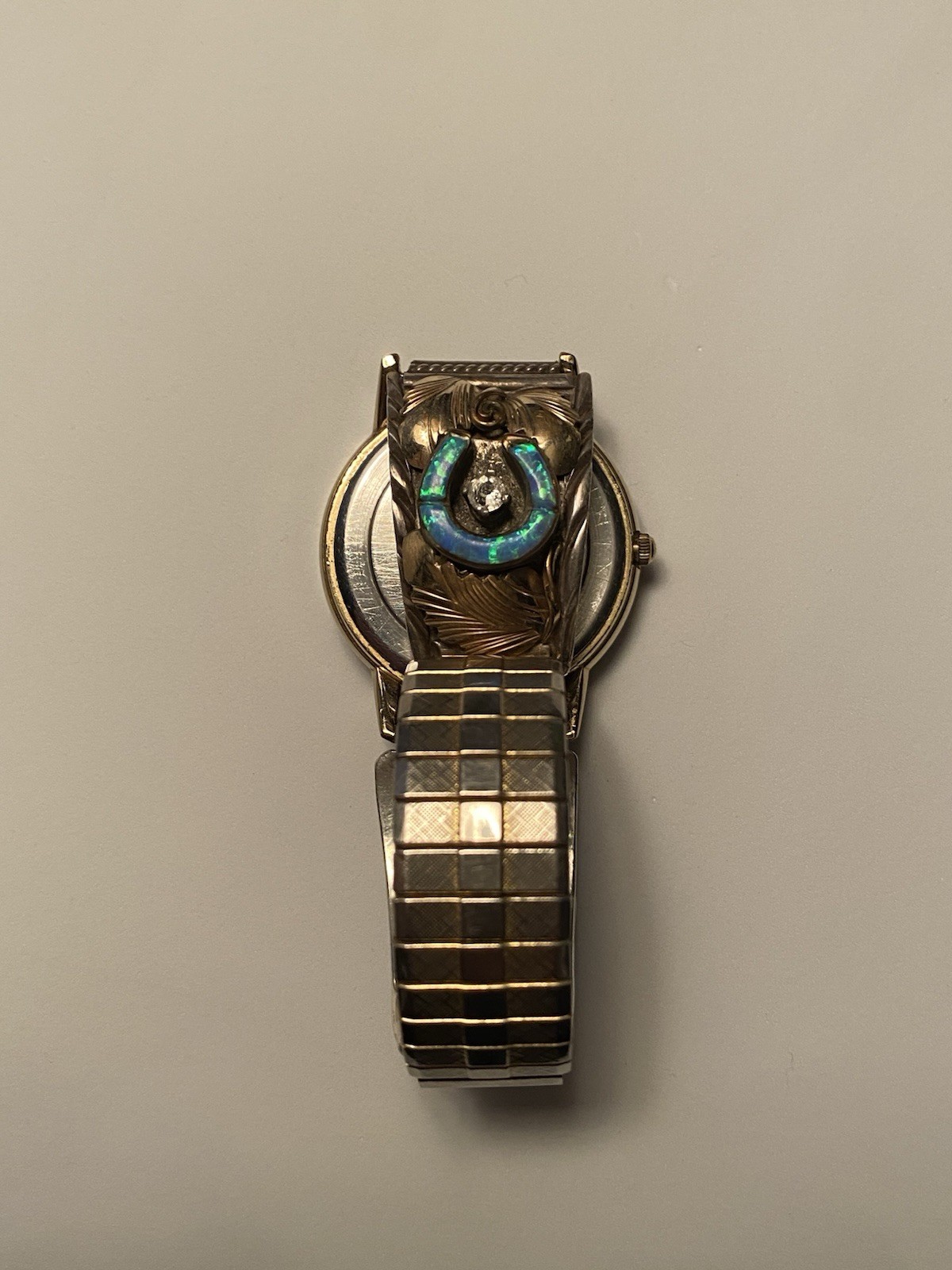 Vintage Native Sterling Silver Watch Cuff Timex Dial Watch Lab Opal CZ Horseshoe