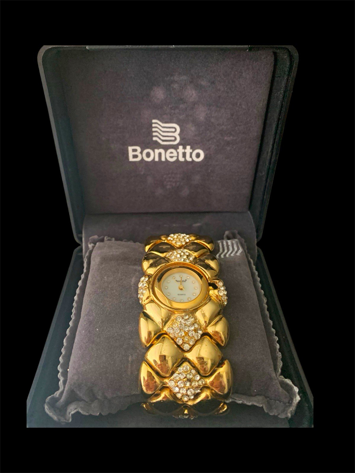Bonetto Women’s Analog Quartz Watch Gold Tone Metal Bracelet White Dial w/Box