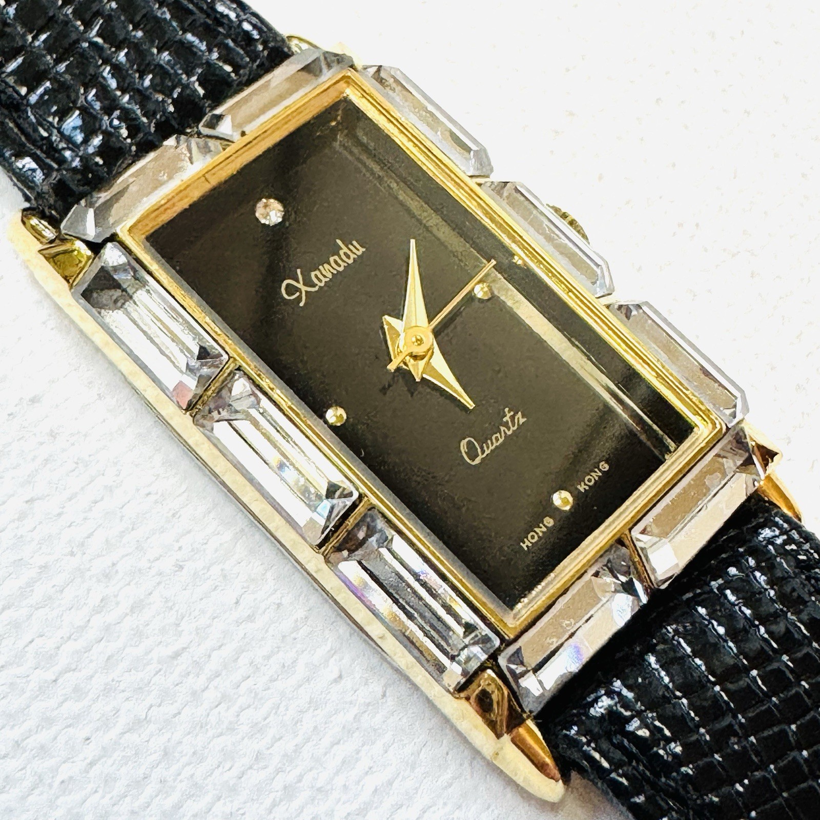 Vintage Xanadu Crystal Rhinestones Bezel Women’s Tank Gold Black Leather