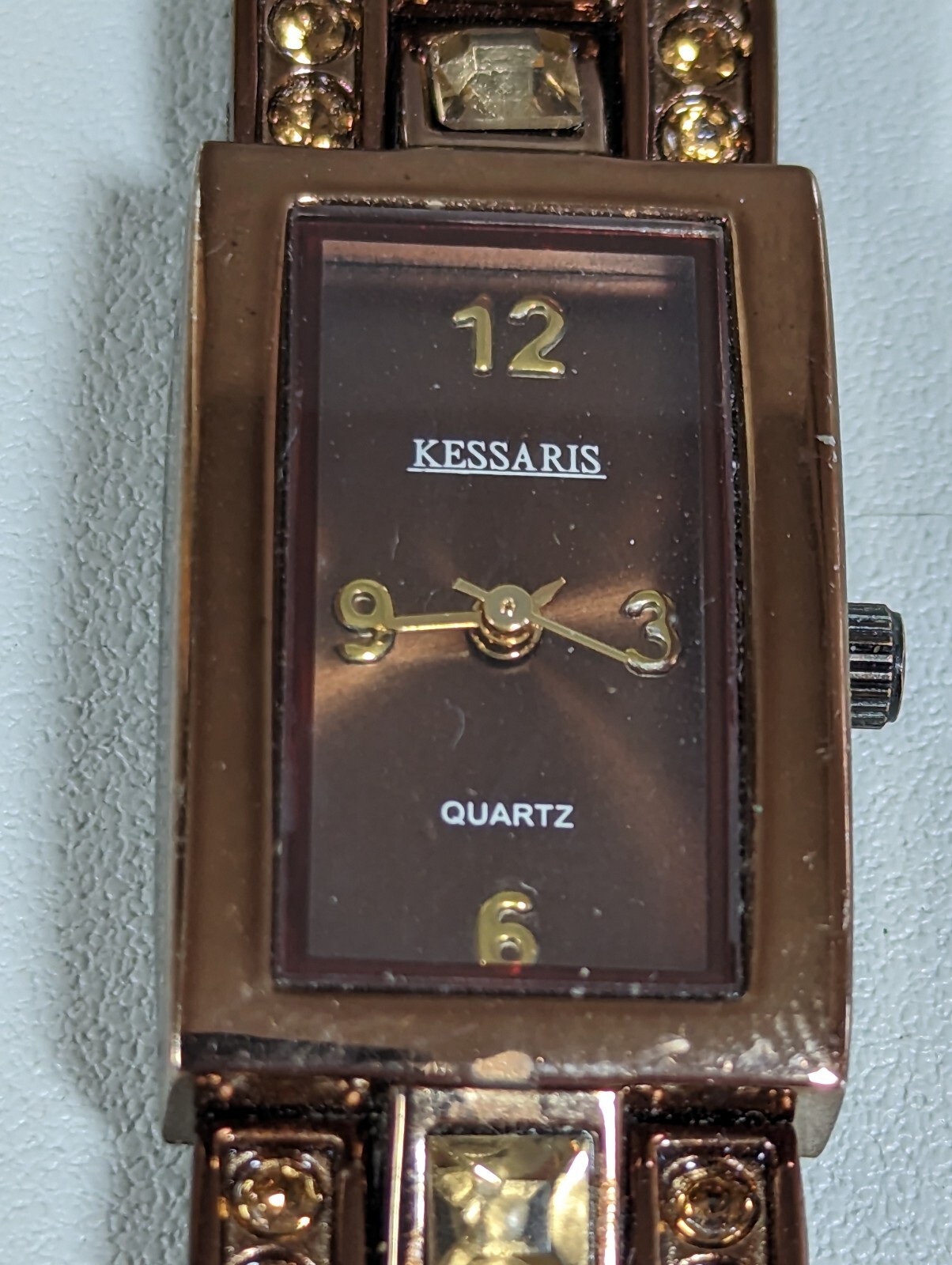 Kessaris Brown Dial Rectangle Case Link Crystal Accent Bracelet Band Watch 8 In