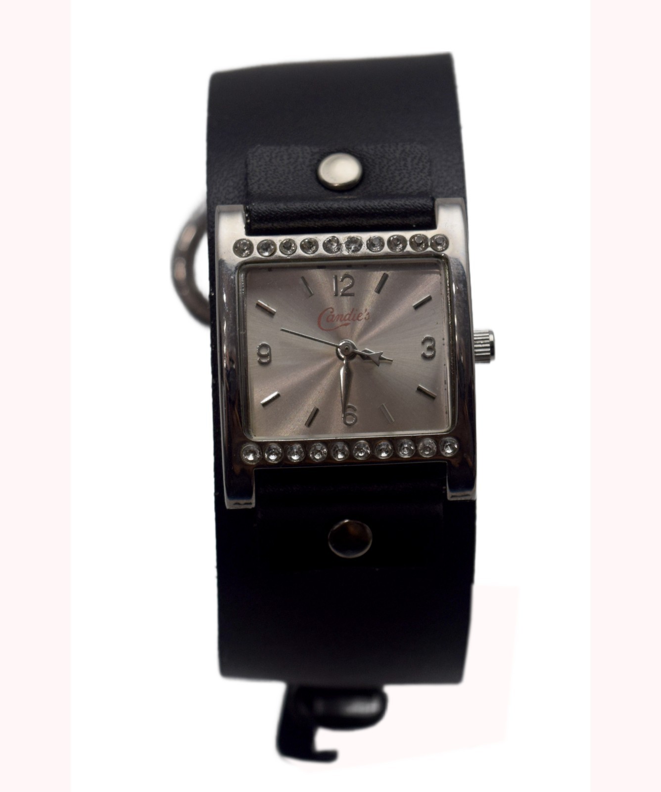 CANDIE’S: TEEN’S/ GIRLS BLACK LEATHER BAND SQUARE RHAINSTONES CASE ANALOG WATCH