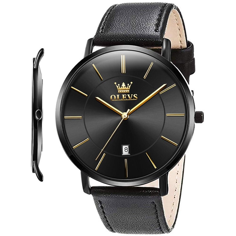Men’s Ultra Thin Leather Watch 6.5mm – Minimalist Waterproof Date Dress & Casual