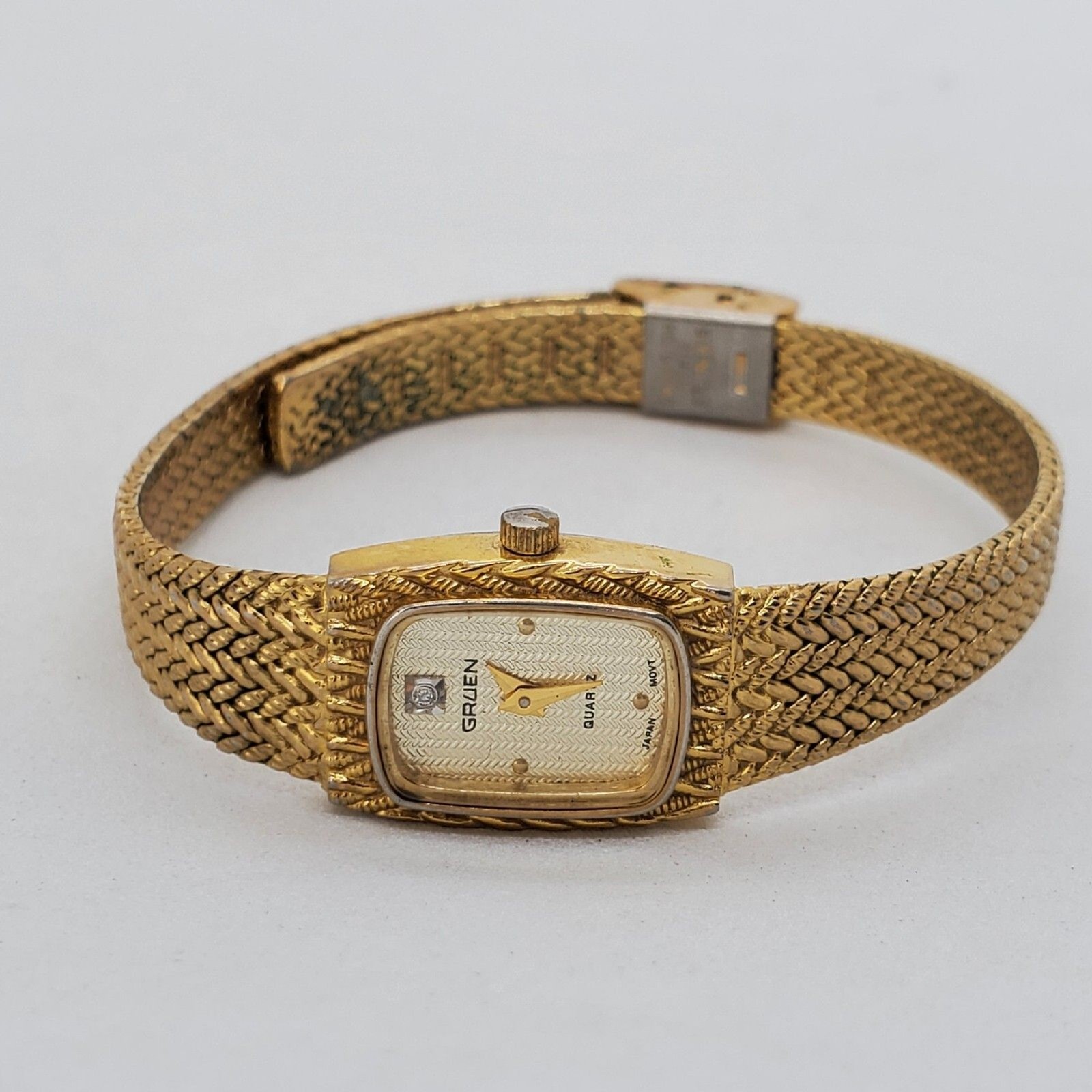 Gruen Women’s Watch 15MM Gold Dial Gold Bracelet Band Up to 7″ Wrist New Battery