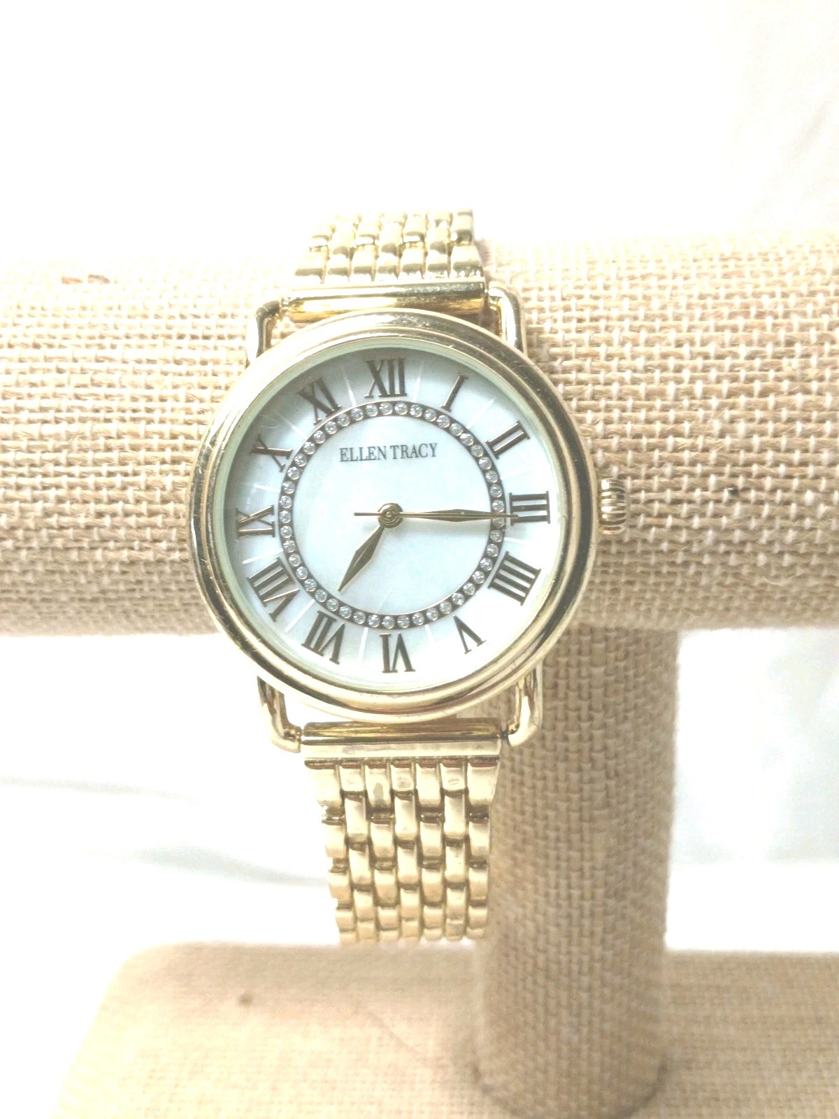 Ellen Tracy Watch Gold Tone Crystal Accent Jewelry Clasp Mother Pearl Dial Works
