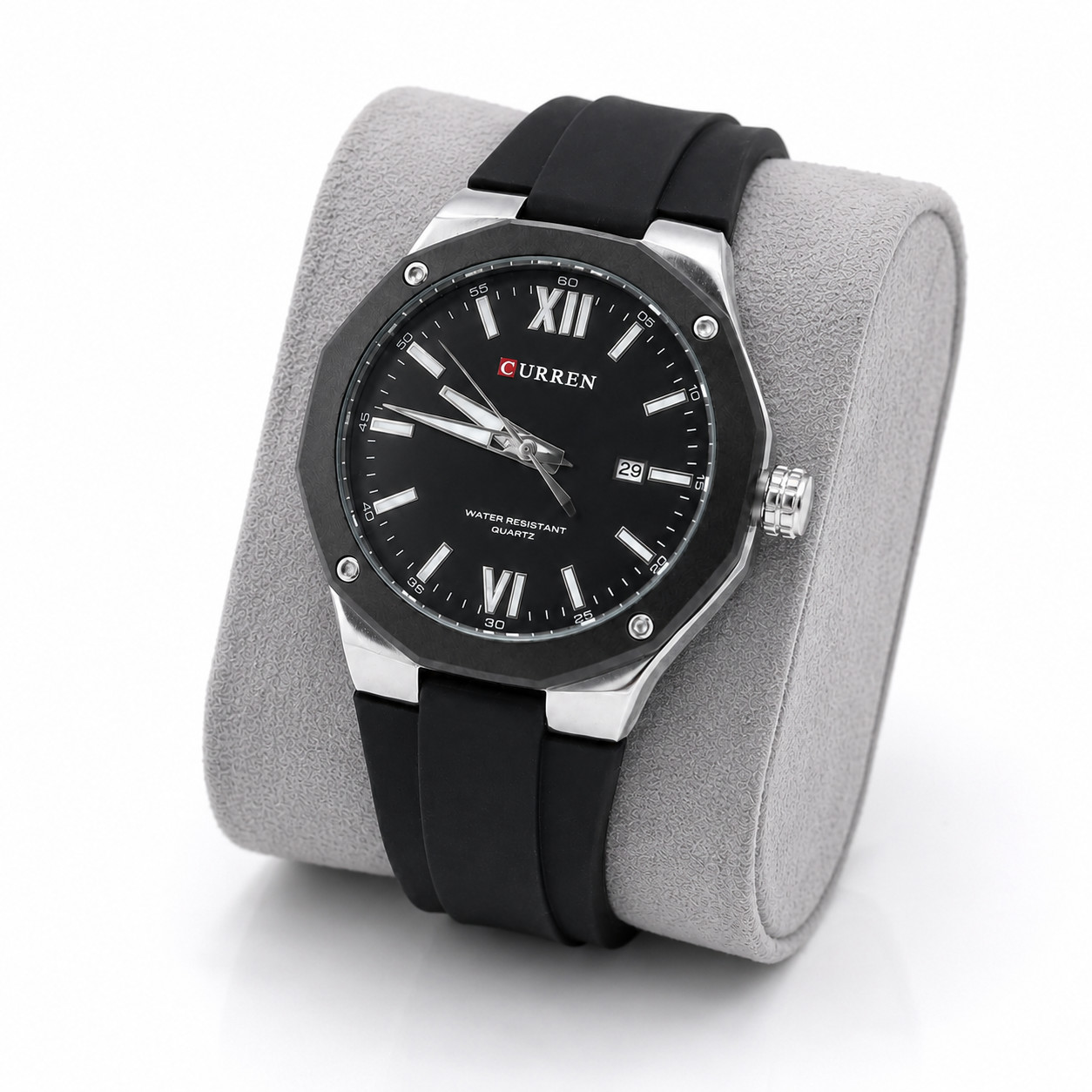 Men s Black Quartz Watch Silicone Strap Analog Date 3ATM Water Resistant