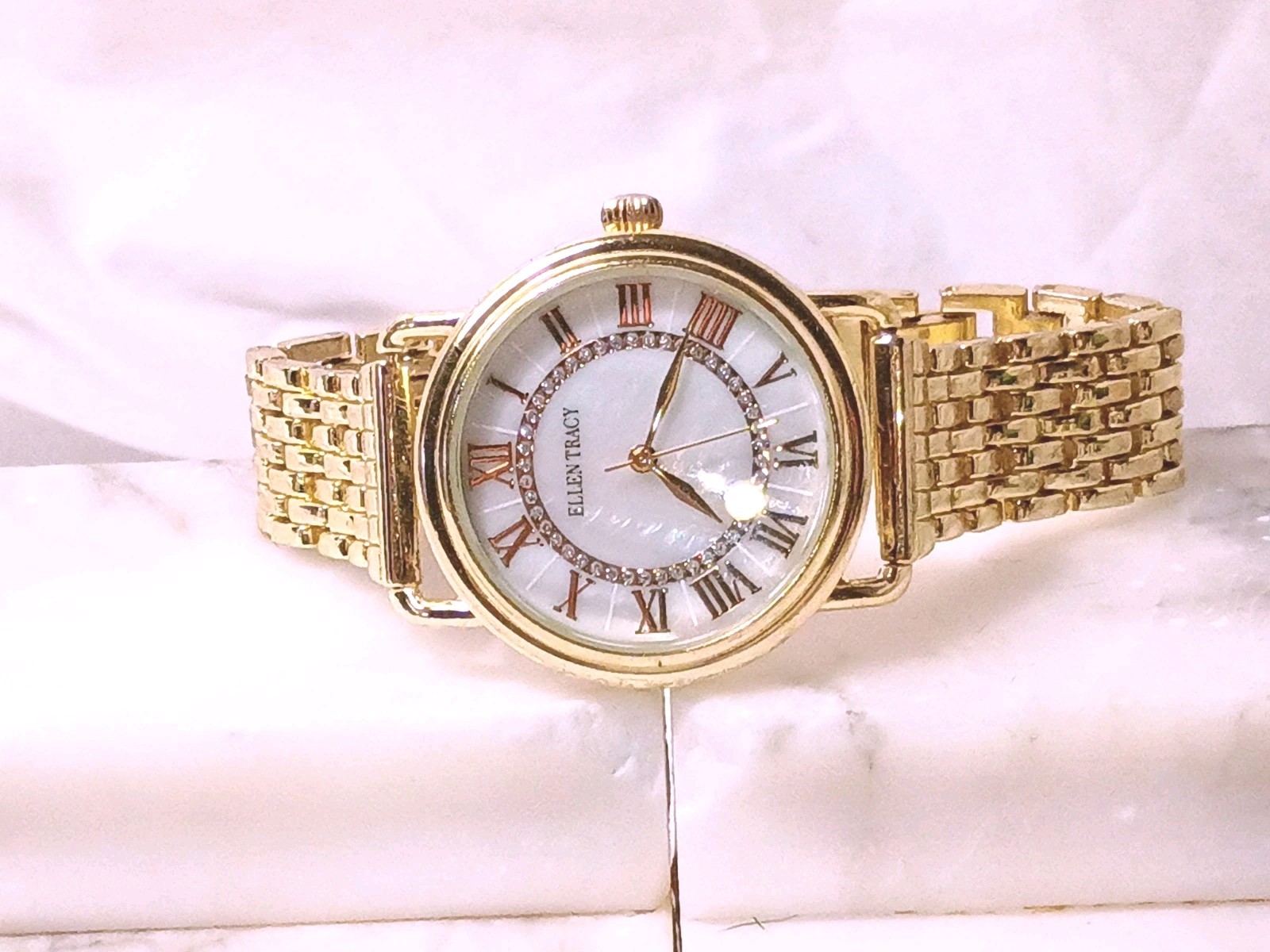 Ellen Tracy Watch Gold Tone Crystal Accent Jewelry Clasp Mother Pearl Dial Works