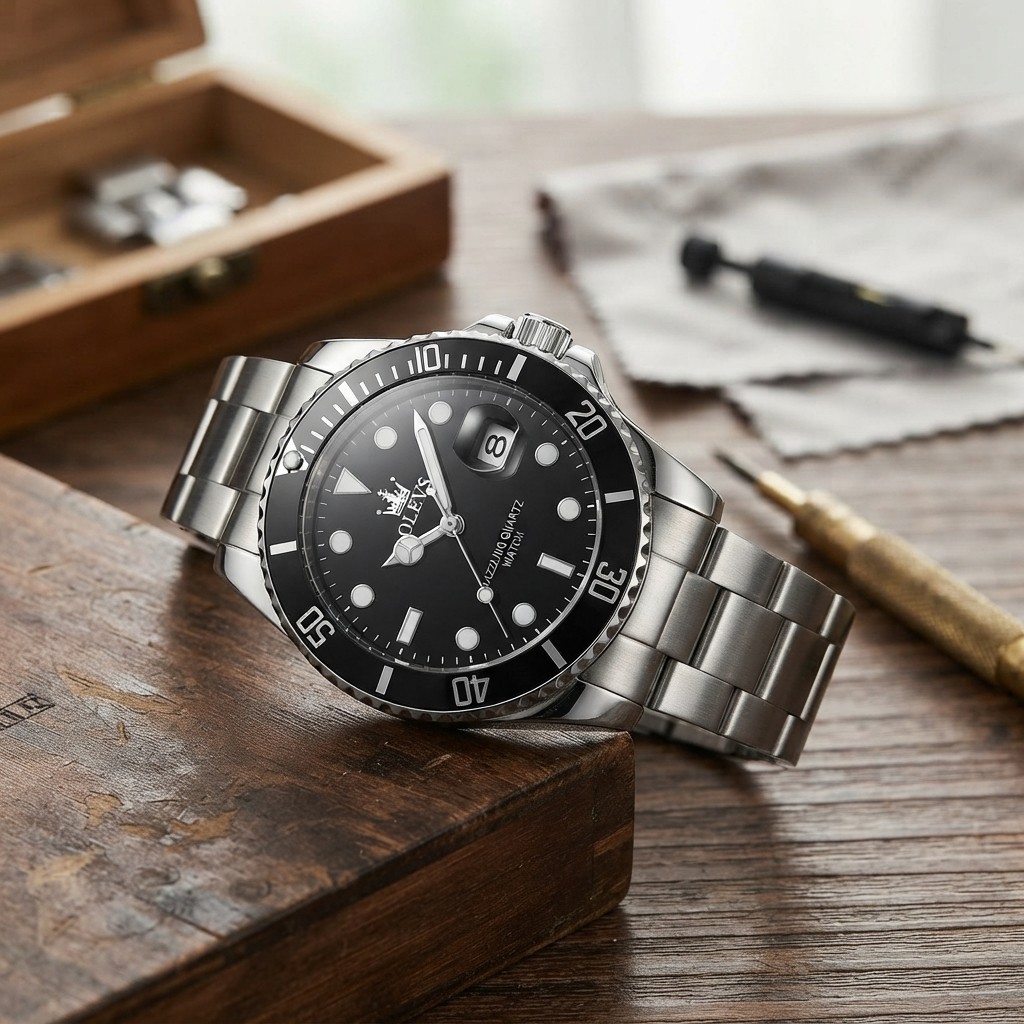 Men’s Analog Watch with Rotatable Bezel & Date Magnification – 41mm