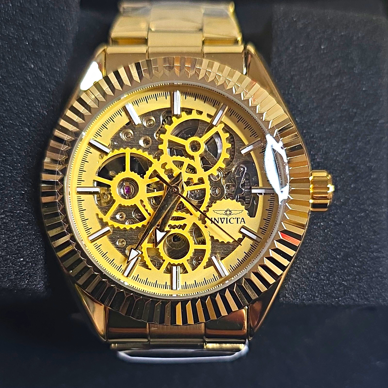 Invicta Men’s Automatic Skeleton Dial Gold Tone Watch 43mm Fluted Bezel 69752