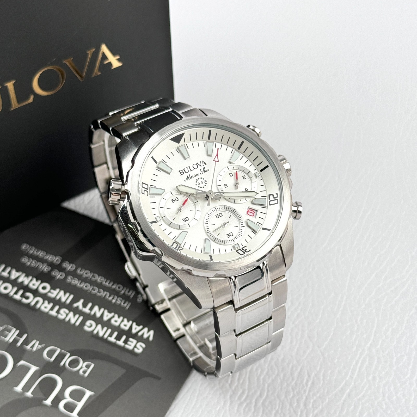 Bulova Mens Marine Star 43MM White Dial Stainless Steel Chronograph Watch 96B255