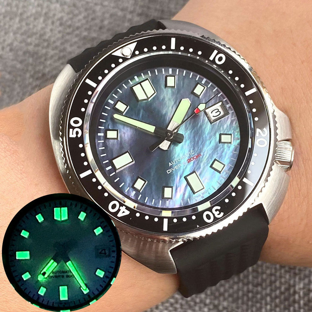 20ATM 44mm Tandorio Sterile Black Shell Dial NH35A Automatic Diving Mens Watch