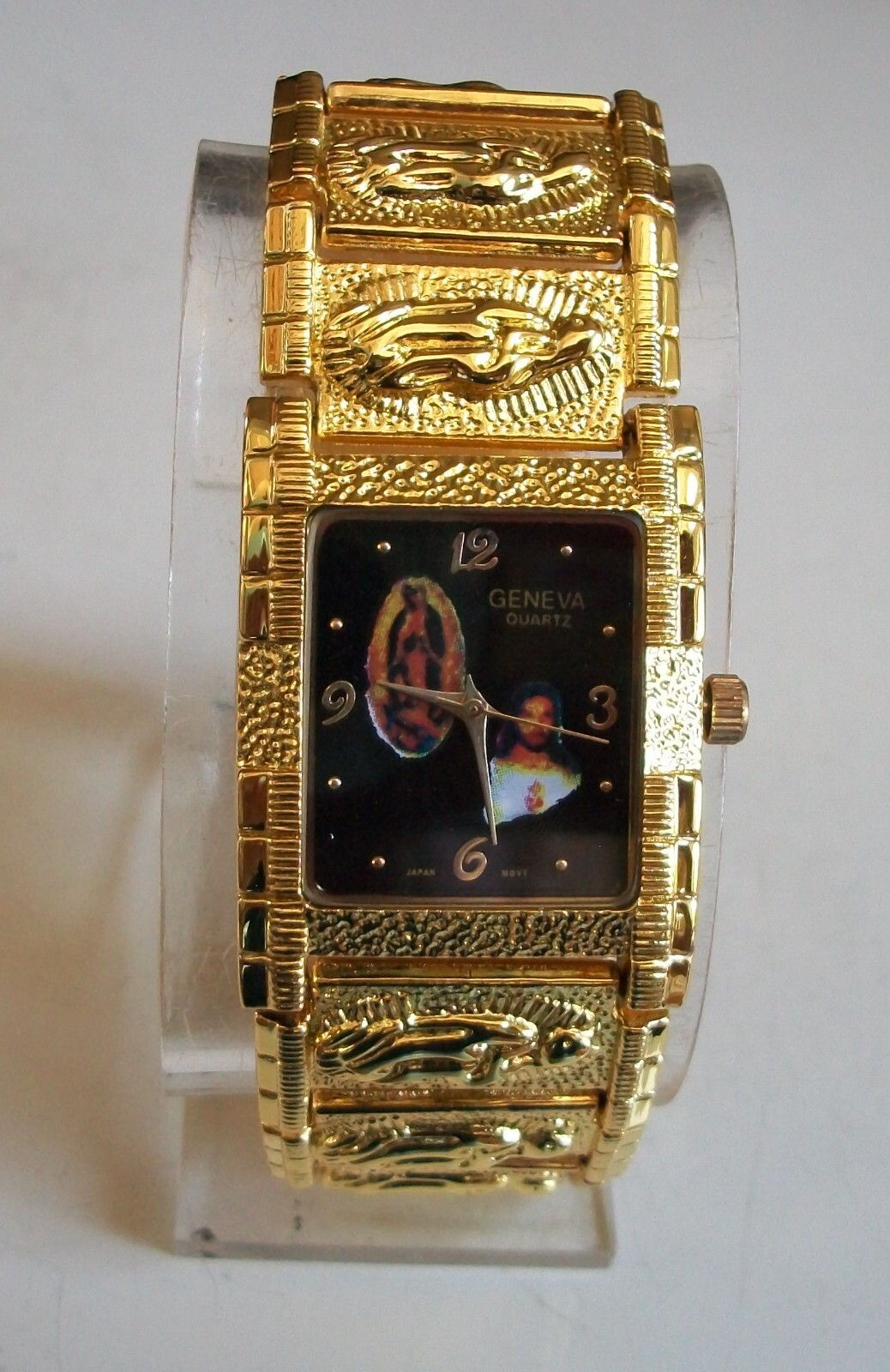 Men’s Gold Finish Nugget Style VIRGIN MARY GUADALUPE & JESUS Fashion Watch