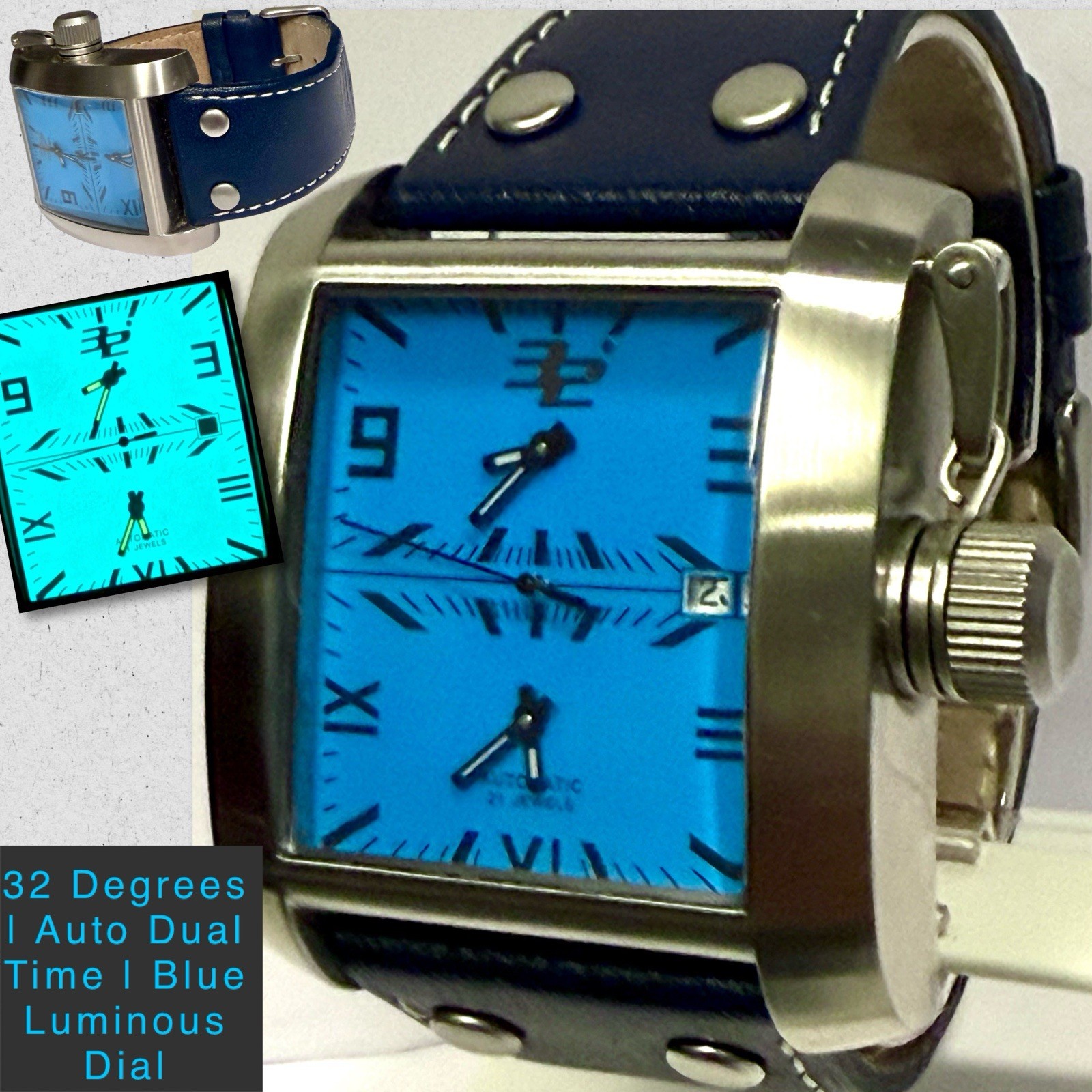 W43mm Auto DUAL TIME Blue & Luminous Dials Silvertone Rectangle 32 DEGREES Watch