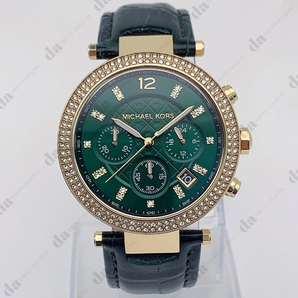 New Michael Kors MK6985 Parker Leather Strap Green Dial Quartz Women’s Watch