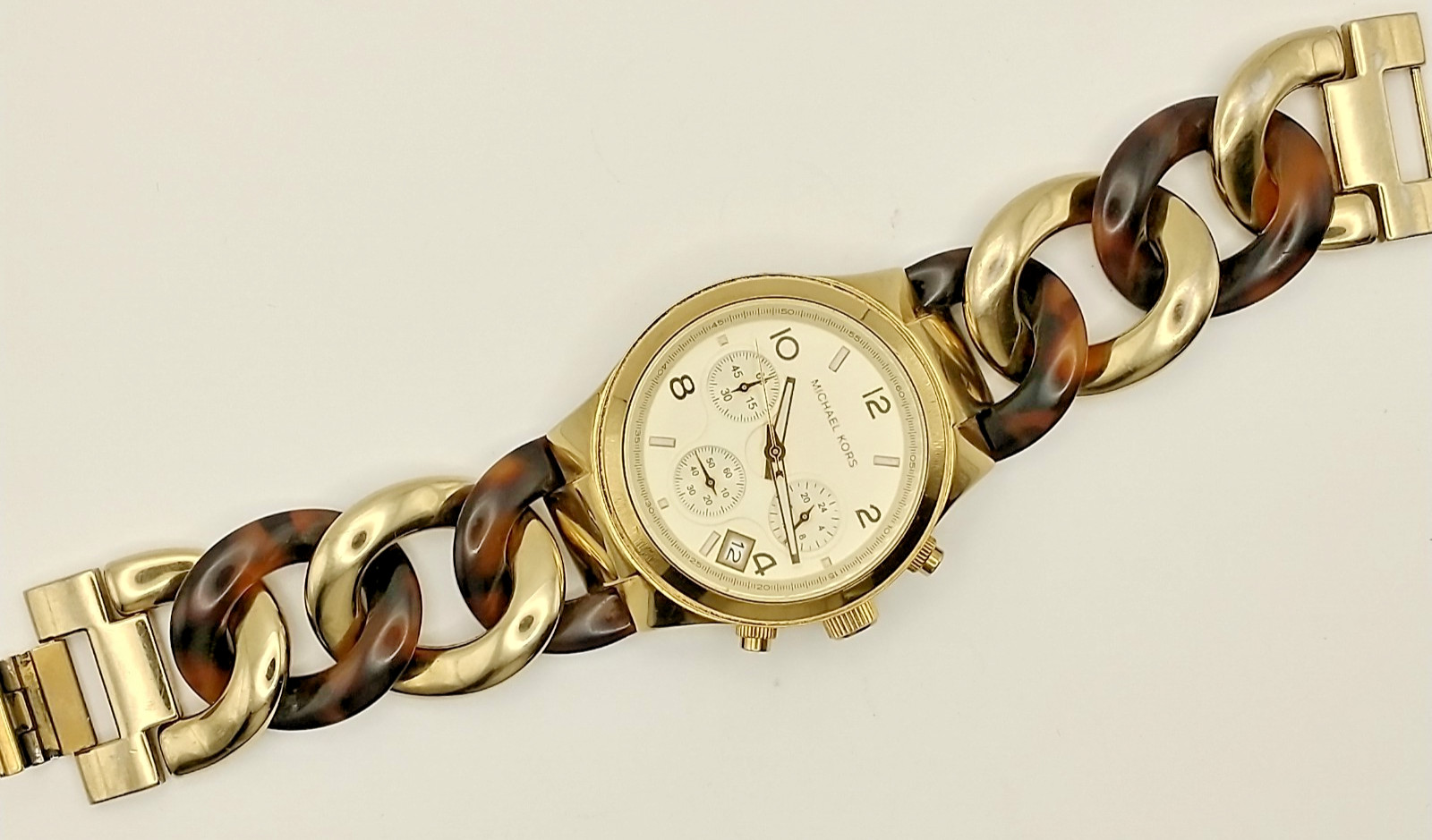 MICHAEL KORS Runway Ladies Chronograph, Goldtone & Tortoise, MK4222, Box & Book