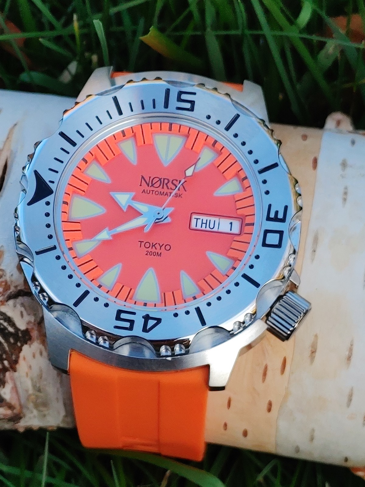 Automatic Sea Monster Watch, Norsk, Diver, Seiko NH36a movement Orange