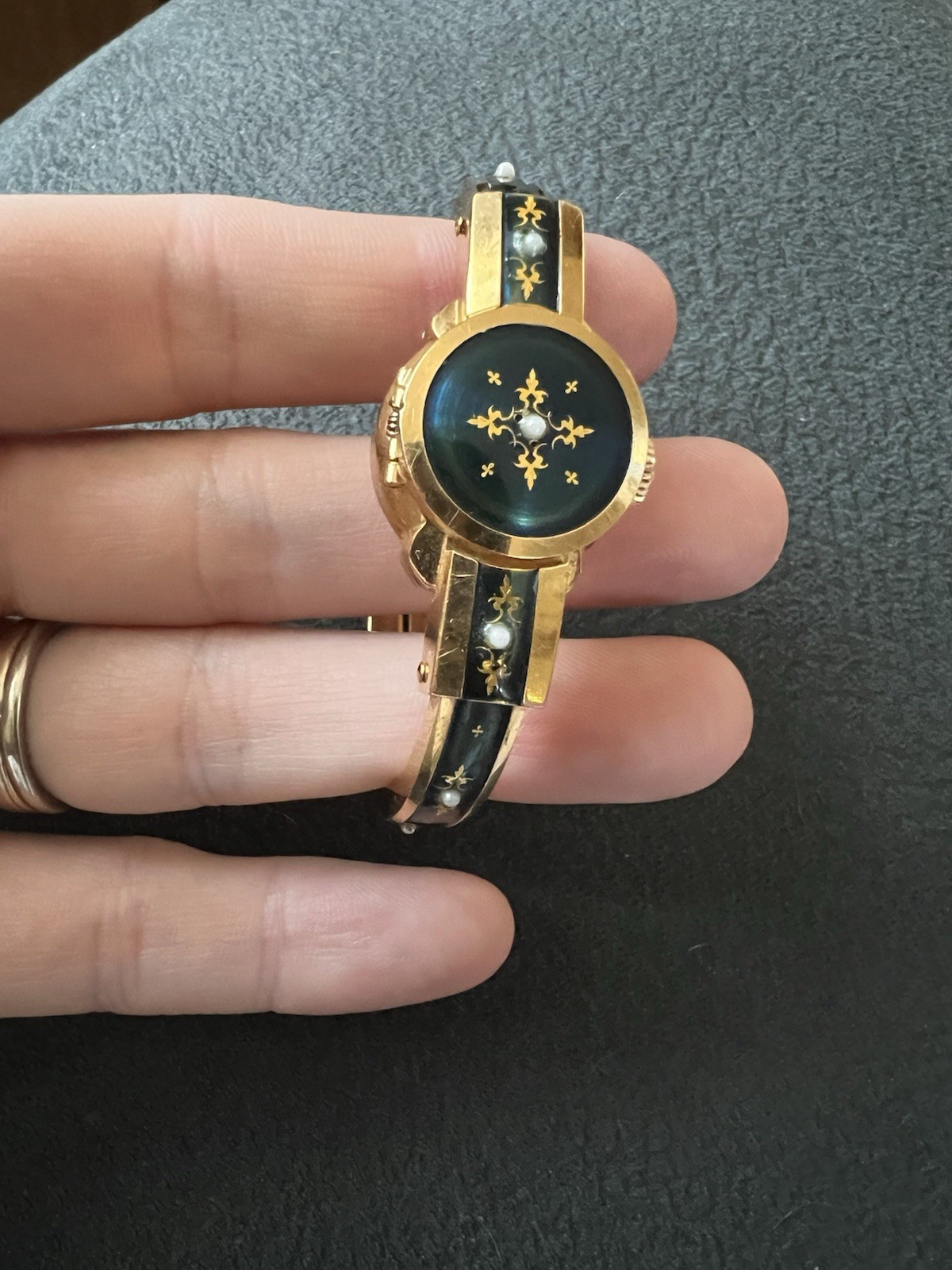 Rare Vintage Bucherer 17 Jewels Flip Watch Gold Plated Enamel And Pearl Detail