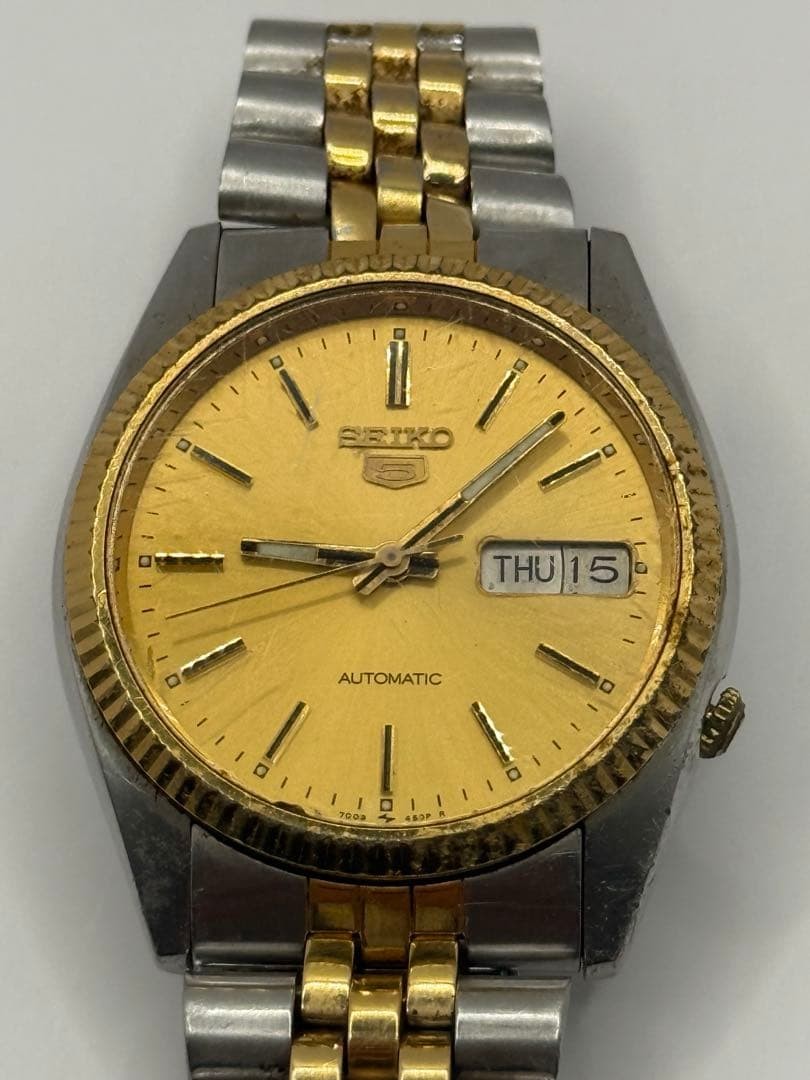 Seiko 5 7S26-0500 Gold Fluted Bezel Watch For Parts / Junk from Japan