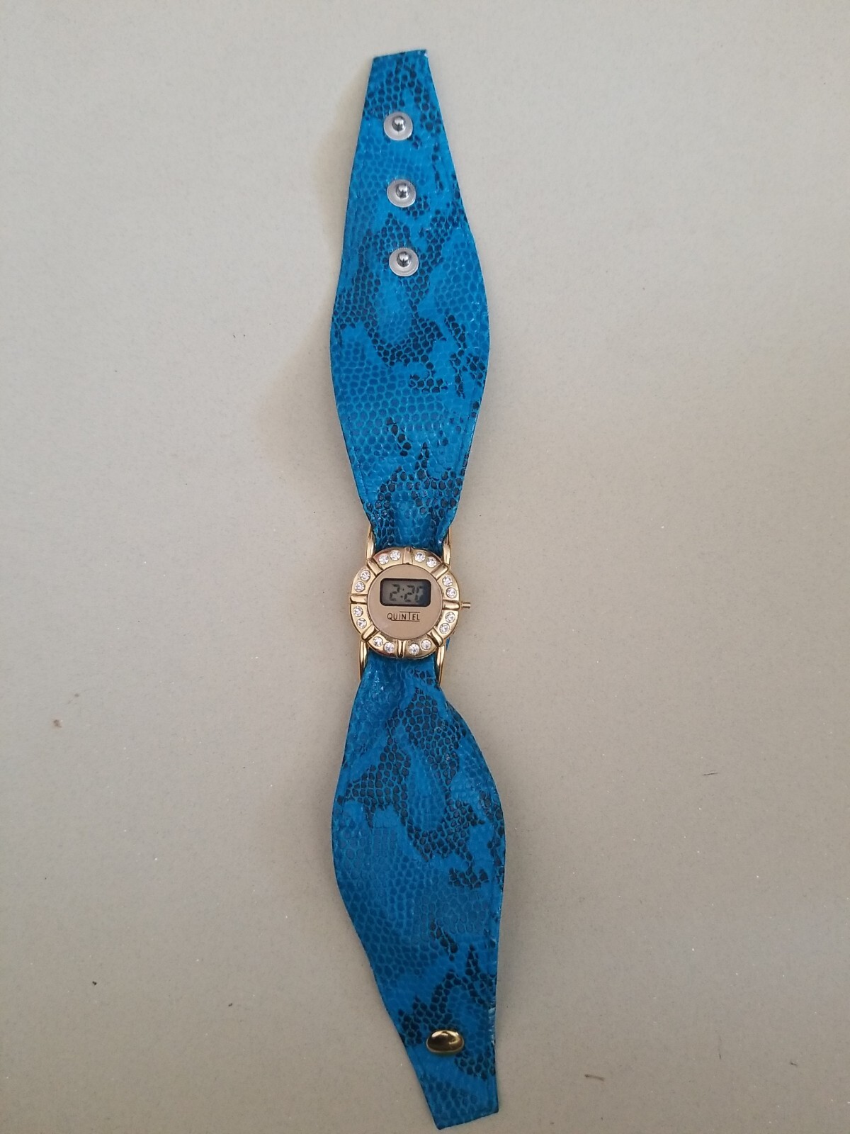 Quintel Digital Watch Blue Alligator Print Band Snap Adjustable 8.5 Inches