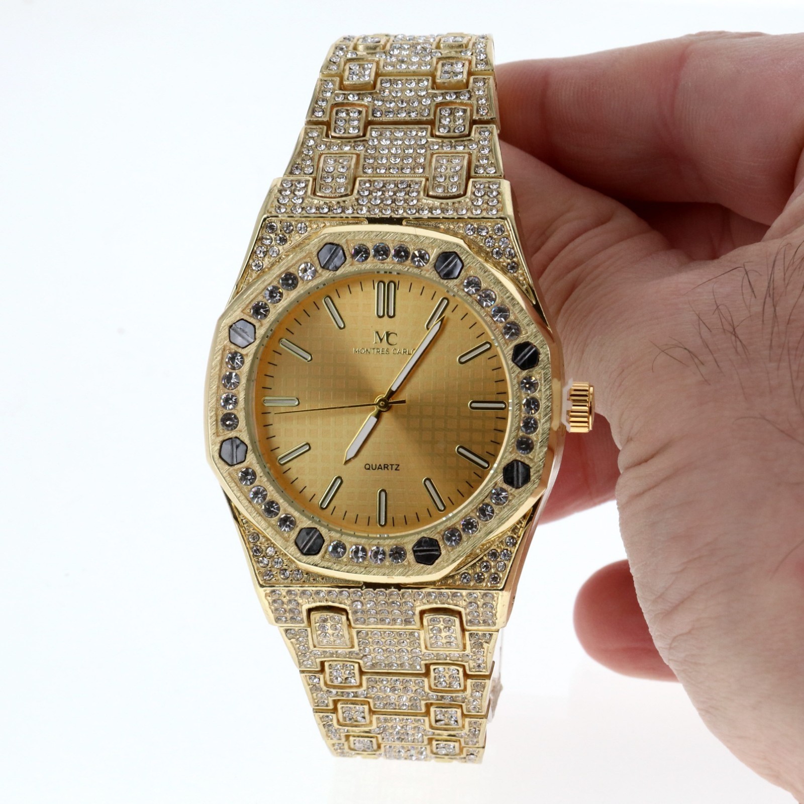 Unisex octagon Iced Luxury Bezel & Band Hip Hop Gold Plated Watch 43mm