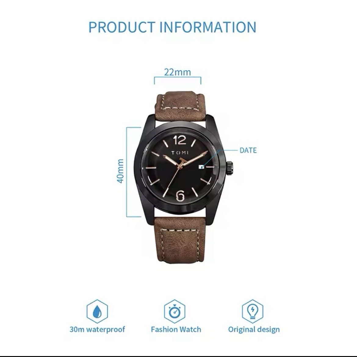 TOMI Luxury Men’s Minimalist Style Quartz Watch Leather Strap 3ATM Date