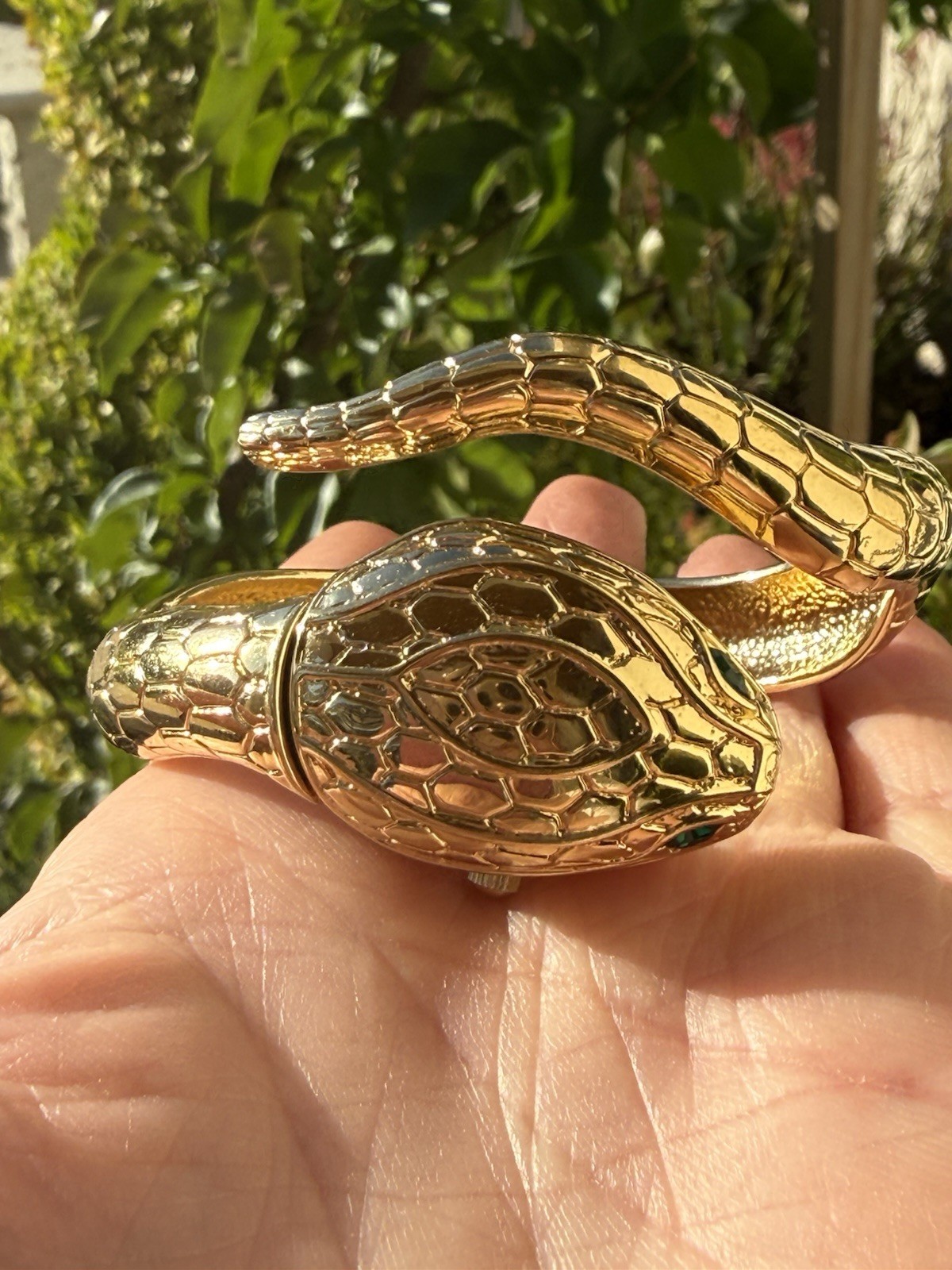 Fabulous Snake Quartz Watch Hinged Bangle Bracelet Goldtone Emerald Eyes Runs!