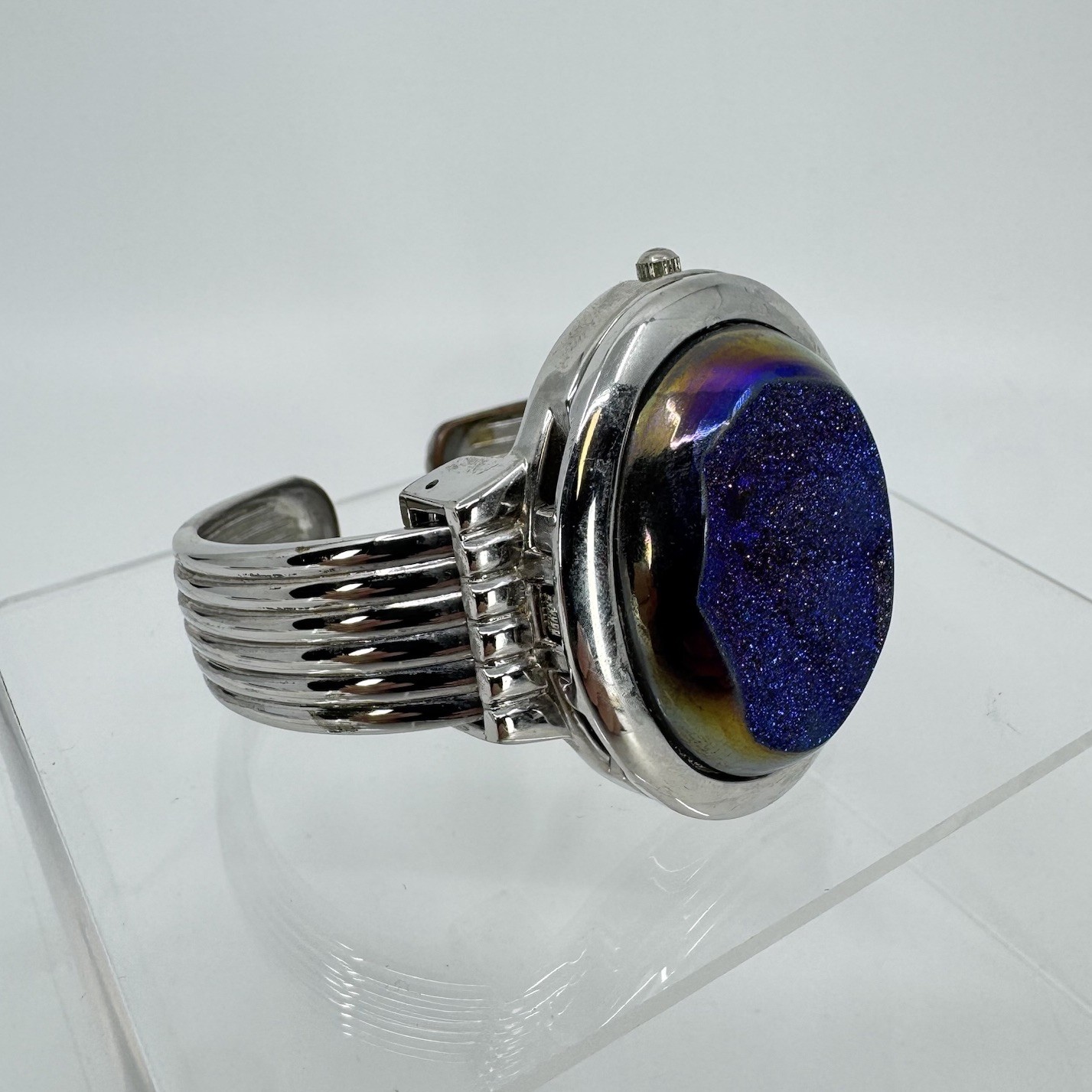 Burgi Women’s Purple-Blue Druzy Cuff Hidden Watch Silver Tone New Battery