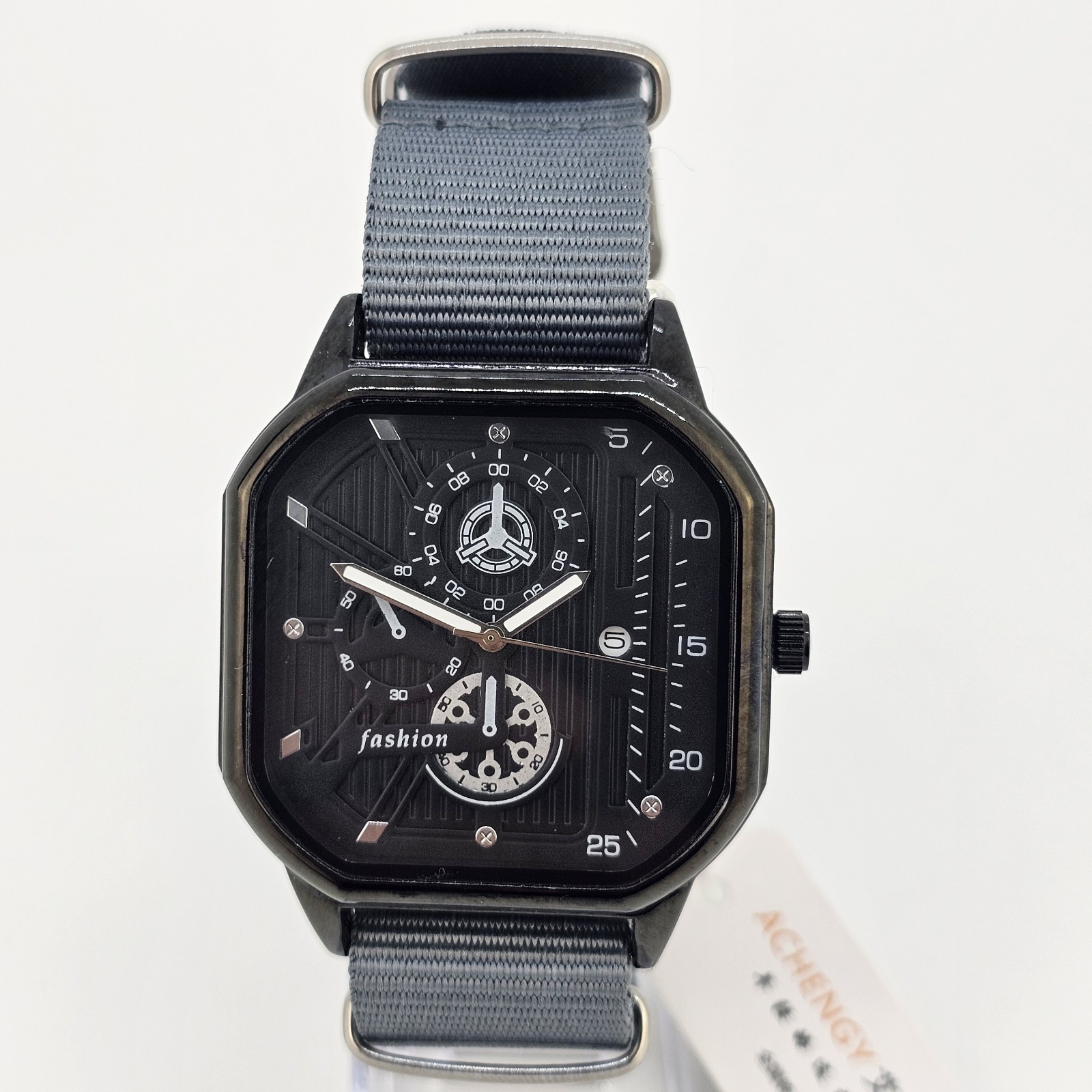 Men’s 42MM Watch Black Dial Date Indicator Gray Canvas Band New Battery