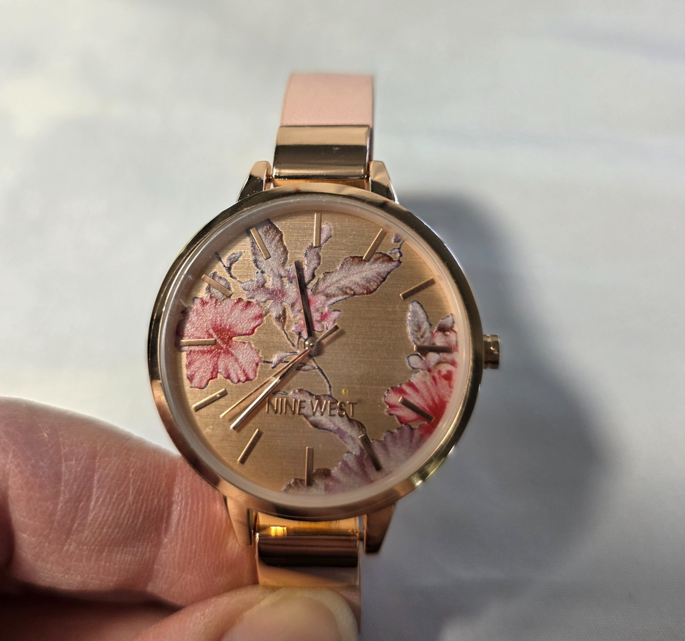 Women’s Nine West Rose Gold-Tone Watch Blush Pink Strap Floral Dial NEW