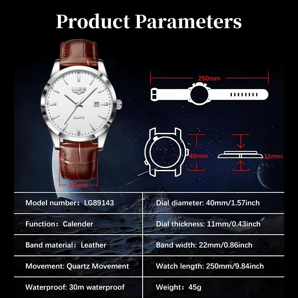 Men Watch Quartz Analog Date Luminous Waterproof Leather Classic Wristwatch +BOX