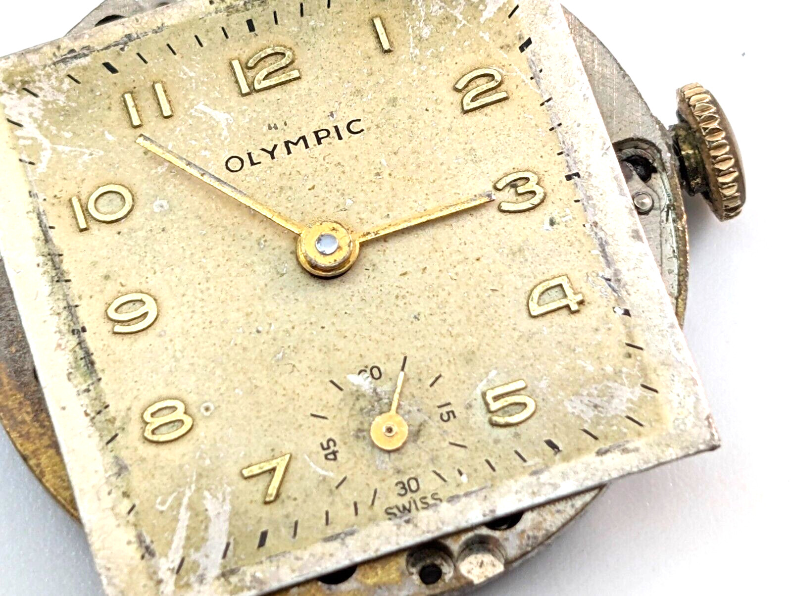 Vintage OLYMPIC Gsell & Co 7j 28mm Swiss Watch Movement & Rear Case PARTS REPAIR