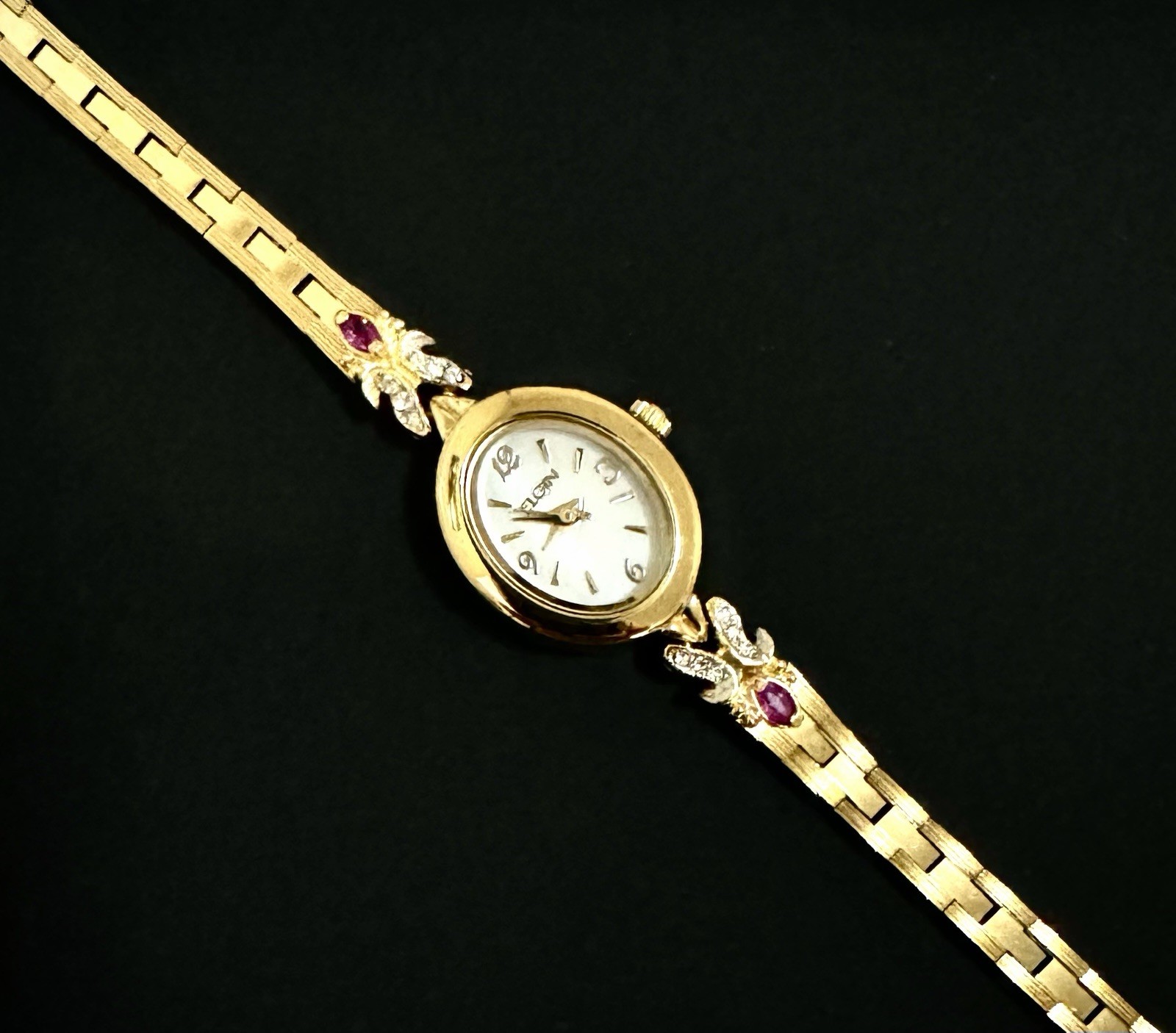 vintage antique elgin Luxury Gold Tone With 2 Genuine Ruby Stones Ladies Watch.