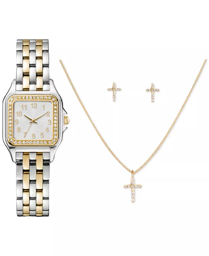 Jessica Carlyle Holiday 2022 Ladies Two Tone Metal Strap Analog Watch Cross NEW